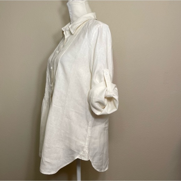 Vivid Linen Pleated Button Up Blouse With Roll Tab Sleeves Size Large - Picture 5 of 16